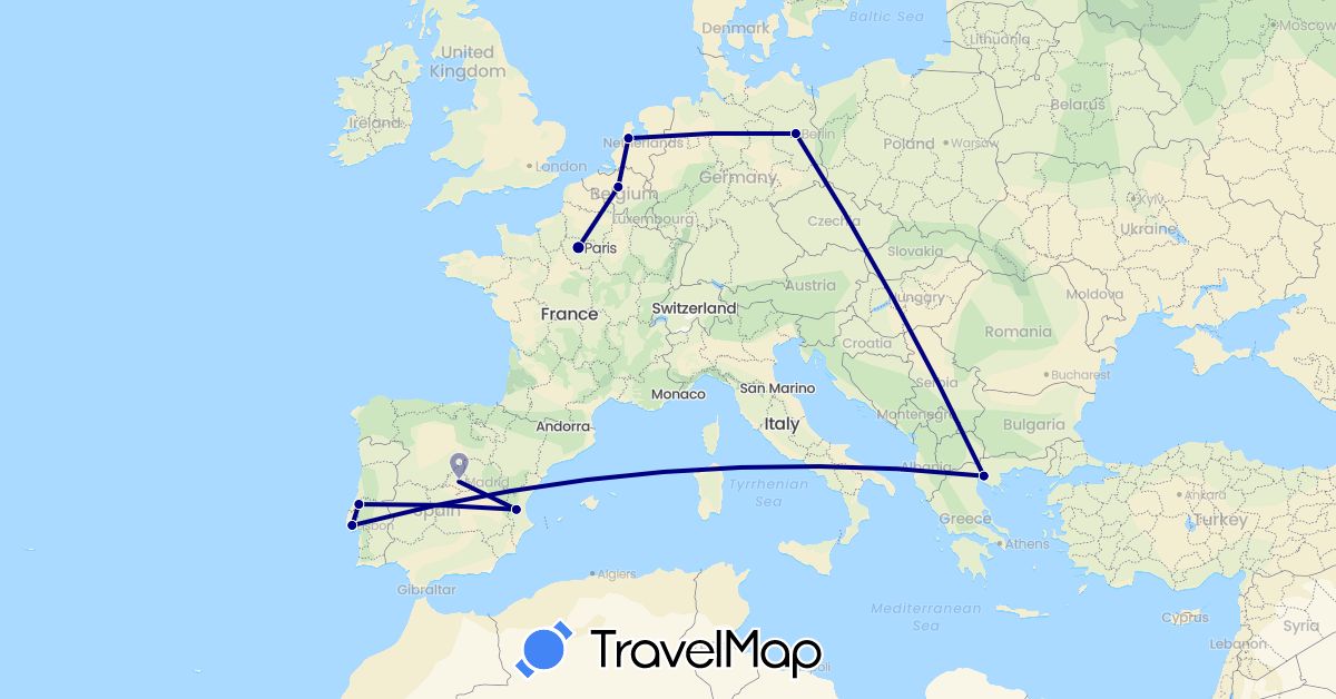 TravelMap itinerary: driving in Belgium, Germany, Spain, France, Greece, Netherlands, Portugal (Europe)